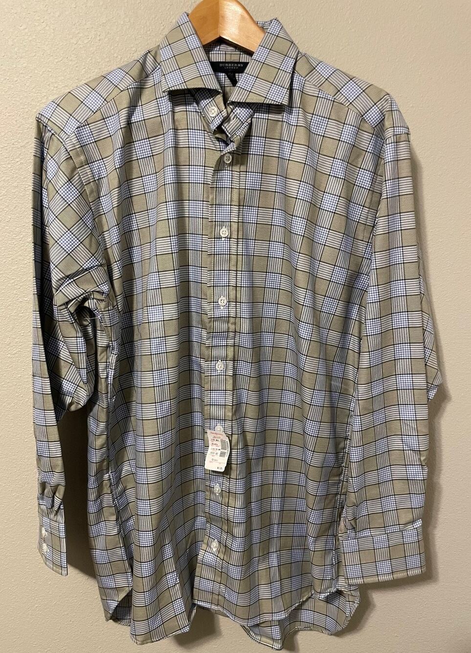 Burberry London Shirt Mens 15.5 32 Green Blue Plaid 100s 2 Ply Cotton USA NEW